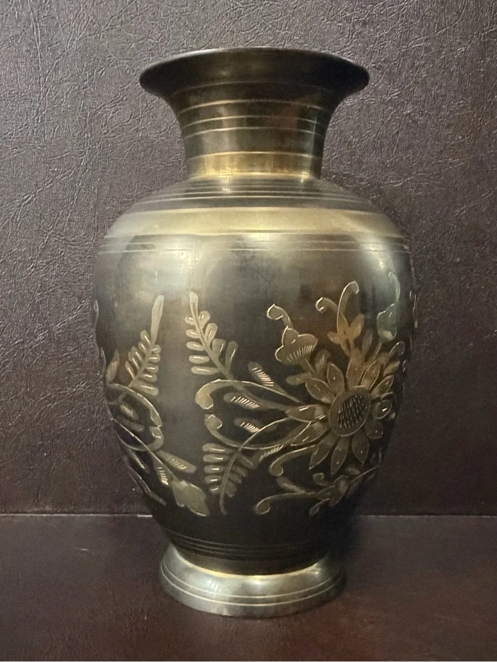 Vintage Engraved Brass Floral Vase Made in India 9”